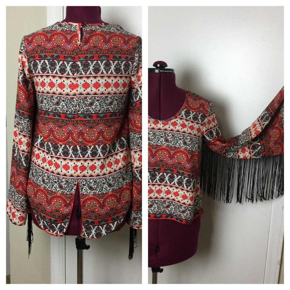 Like New See you Monday Boho Fringe Bell sleeves colorful tunic